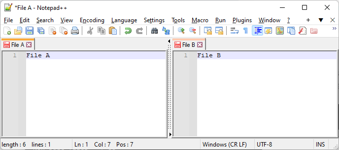 Notepad++ displaying two text files side by side in separate editor views